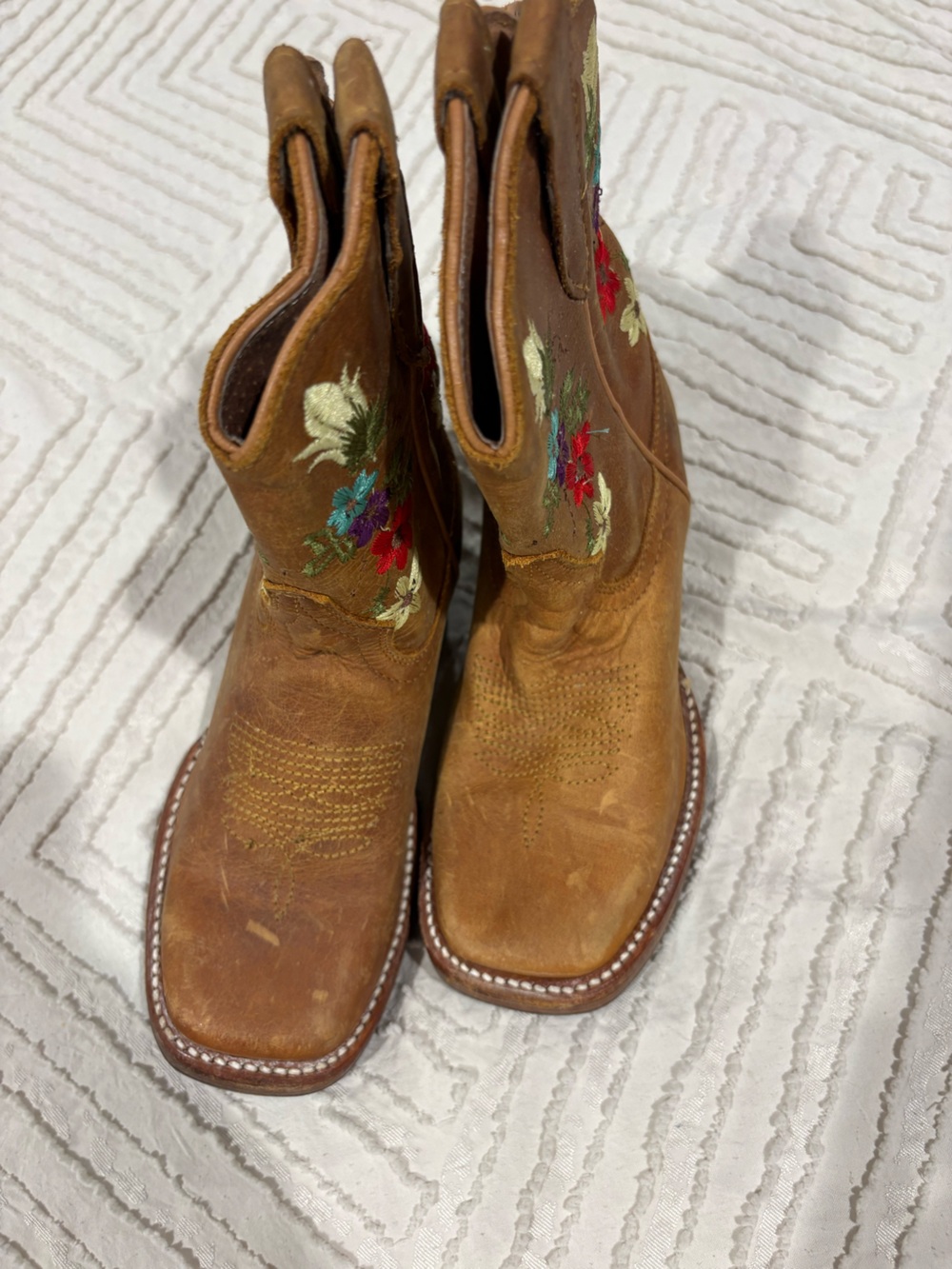 NWOBT Kids Tan Leather Western Boots with Colorful Floral Embroidery NWOB size